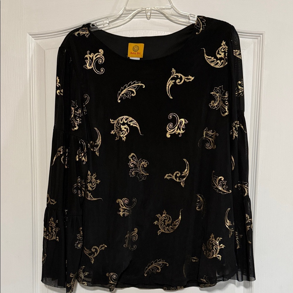 Ruby Rd. Elegant Black Blouse with Gold Patterns